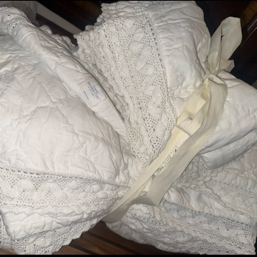 Simply Shabby Chic 3pc Quilt Shams Set Linen Blend Crochet Trim White Full Queen